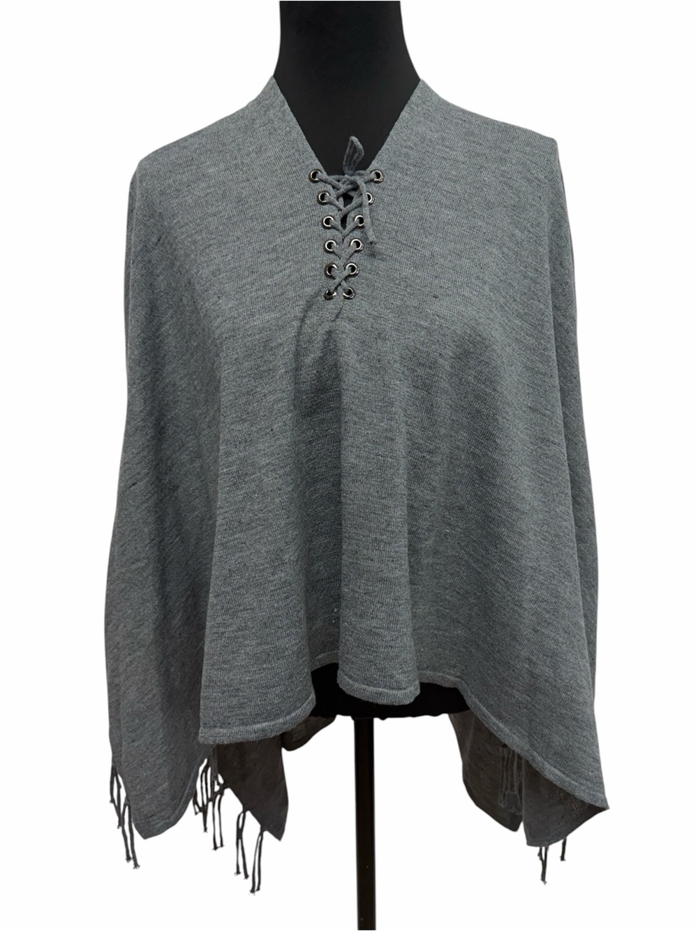 Quagga Green Label Gray Lace Up Fringe Poncho Sweater